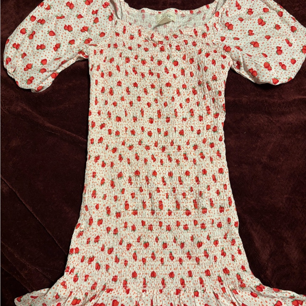 White and Red Strawberry Print Dress